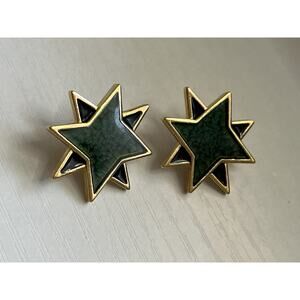 Vintage Yves Saint Laurent Gold YSL Green Enamel Starburst 80s Style RARE Studs
